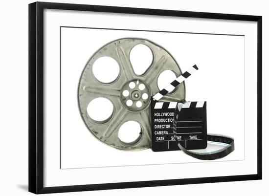 Movie Clapper Board With Film Reel On White Background-Steve Collender-Framed Art Print