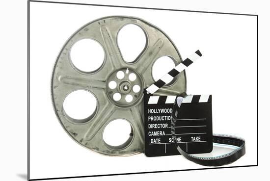 Movie Clapper Board With Film Reel On White Background-Steve Collender-Mounted Art Print