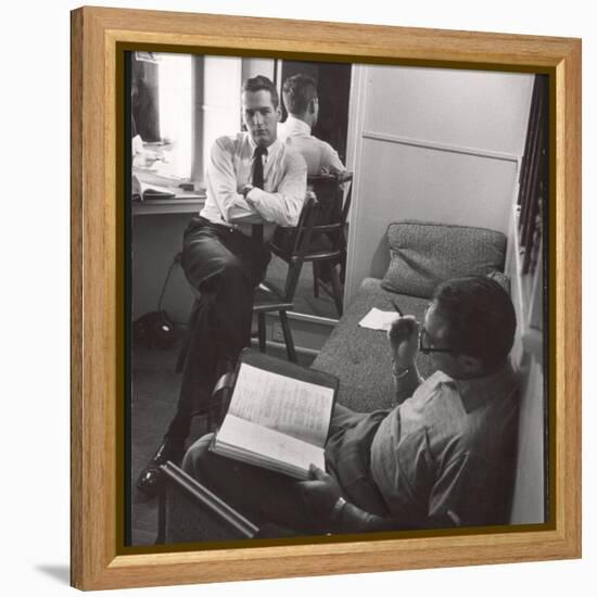 Movie Director Vince Sherman with Actor Paul Newman Reviewing Script of "The Young Philadelphians"-Leonard Mccombe-Framed Premier Image Canvas