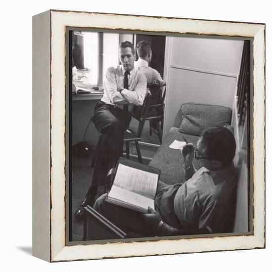 Movie Director Vince Sherman with Actor Paul Newman Reviewing Script of "The Young Philadelphians"-Leonard Mccombe-Framed Premier Image Canvas