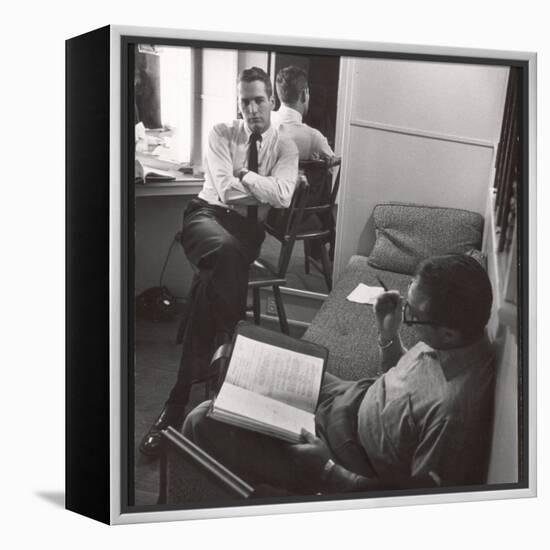 Movie Director Vince Sherman with Actor Paul Newman Reviewing Script of "The Young Philadelphians"-Leonard Mccombe-Framed Premier Image Canvas