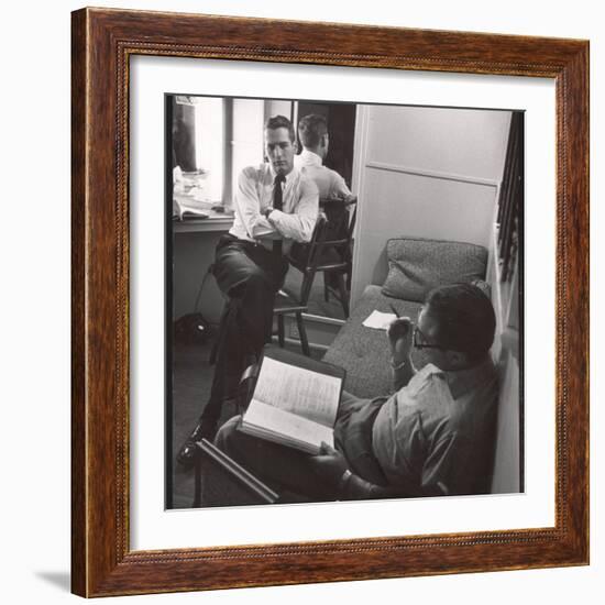 Movie Director Vince Sherman with Actor Paul Newman Reviewing Script of "The Young Philadelphians"-Leonard Mccombe-Framed Premium Photographic Print