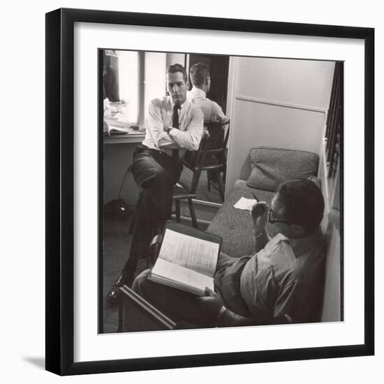 Movie Director Vince Sherman with Actor Paul Newman Reviewing Script of "The Young Philadelphians"-Leonard Mccombe-Framed Premium Photographic Print