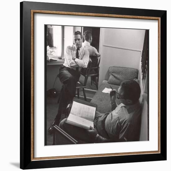 Movie Director Vince Sherman with Actor Paul Newman Reviewing Script of "The Young Philadelphians"-Leonard Mccombe-Framed Premium Photographic Print