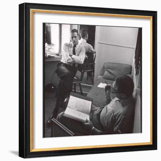 Movie Director Vince Sherman with Actor Paul Newman Reviewing Script of "The Young Philadelphians"-Leonard Mccombe-Framed Premium Photographic Print