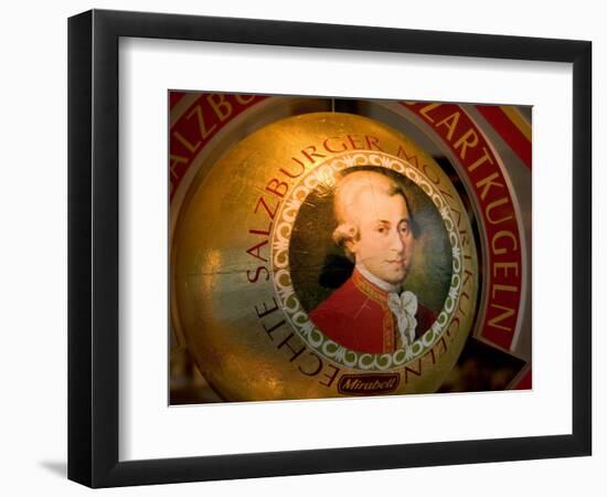 Mozart's Face on Chocolate Wrapper, Salzburg, Austria-David Barnes-Framed Photographic Print