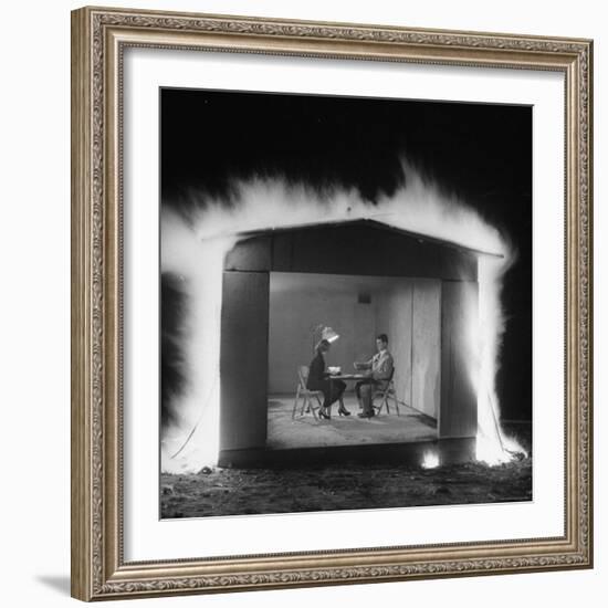 Mr. and Mrs. Andrew Andeck Nonchalantly Playing Double Solitaire While Safelite Garage Flames-Allan Grant-Framed Photographic Print