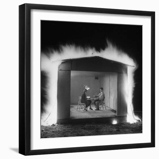 Mr. and Mrs. Andrew Andeck Nonchalantly Playing Double Solitaire While Safelite Garage Flames-Allan Grant-Framed Photographic Print