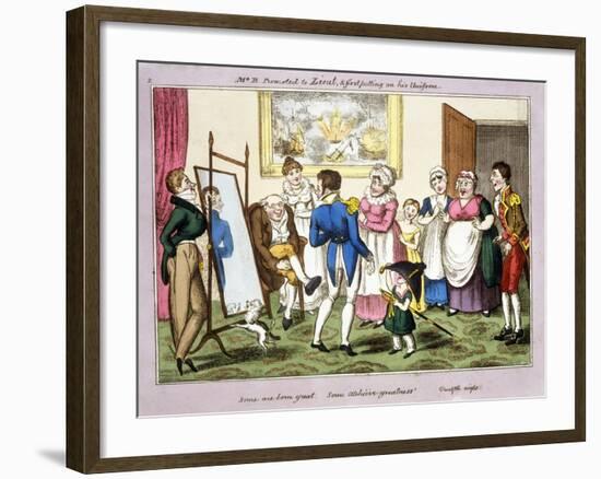 Mr B. Promoted to Lieut. and First Putting on His Uniform, 1835 (Hand-Coloured Aquatint)-George Cruikshank-Framed Giclee Print