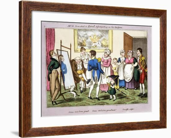 Mr B. Promoted to Lieut. and First Putting on His Uniform, 1835 (Hand-Coloured Aquatint)-George Cruikshank-Framed Giclee Print