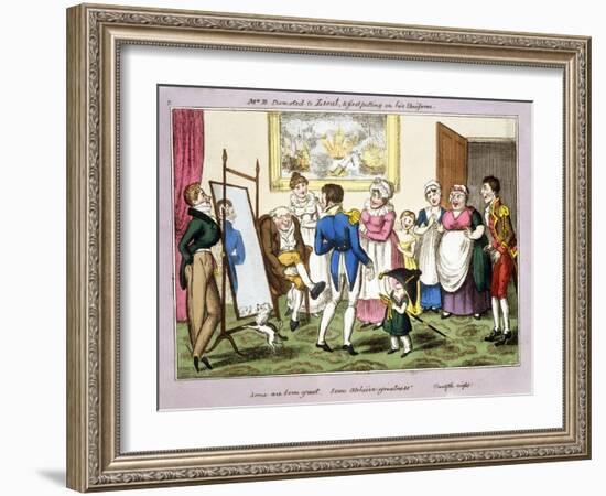 Mr B. Promoted to Lieut. and First Putting on His Uniform, 1835 (Hand-Coloured Aquatint)-George Cruikshank-Framed Giclee Print