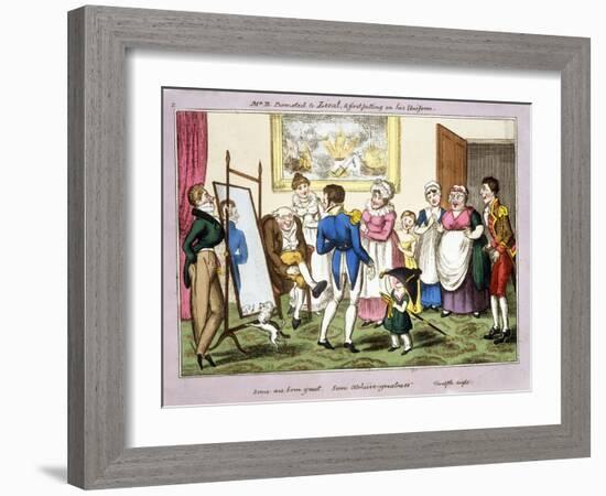 Mr B. Promoted to Lieut. and First Putting on His Uniform, 1835 (Hand-Coloured Aquatint)-George Cruikshank-Framed Giclee Print