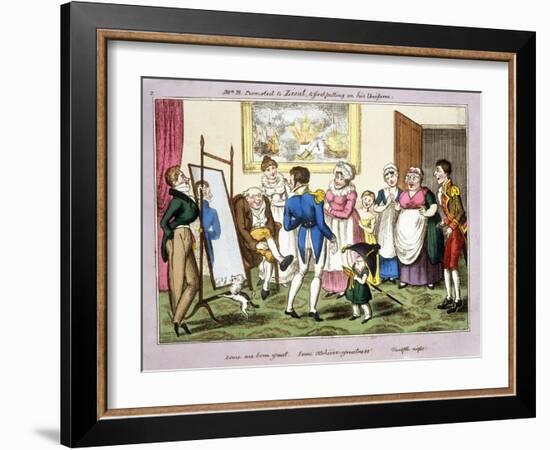Mr B. Promoted to Lieut. and First Putting on His Uniform, 1835 (Hand-Coloured Aquatint)-George Cruikshank-Framed Giclee Print