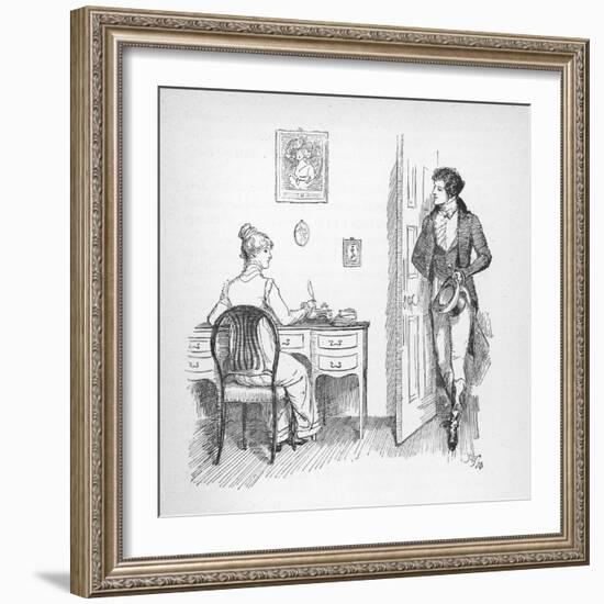 Mr. Darcy Enters a Room in Which Elizabeth Bennet is Seated at Her Writing Desk-Hugh Thomson-Framed Photographic Print