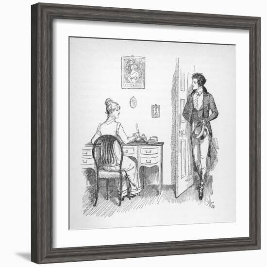 Mr. Darcy Enters a Room in Which Elizabeth Bennet is Seated at Her Writing Desk-Hugh Thomson-Framed Photographic Print