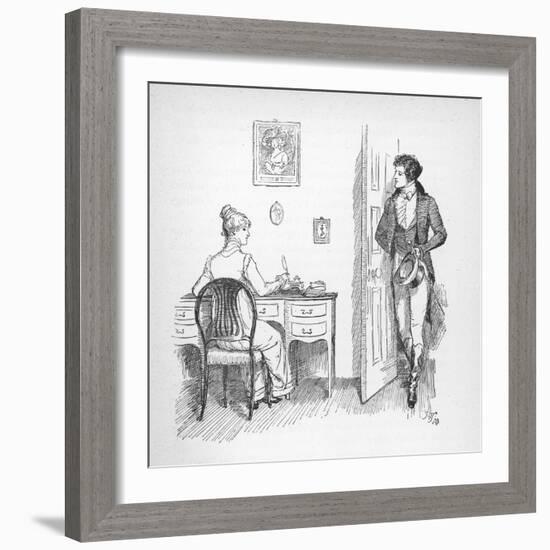 Mr. Darcy Enters a Room in Which Elizabeth Bennet is Seated at Her Writing Desk-Hugh Thomson-Framed Photographic Print