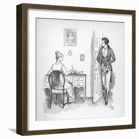 Mr. Darcy Enters a Room in Which Elizabeth Bennet is Seated at Her Writing Desk-Hugh Thomson-Framed Photographic Print