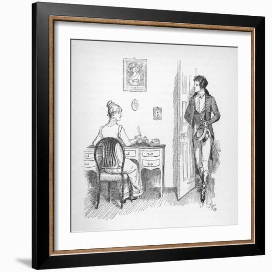 Mr. Darcy Enters a Room in Which Elizabeth Bennet is Seated at Her Writing Desk-Hugh Thomson-Framed Photographic Print