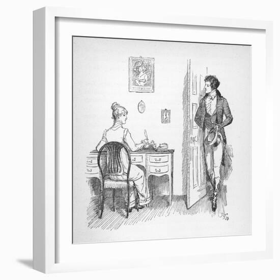 Mr. Darcy Enters a Room in Which Elizabeth Bennet is Seated at Her Writing Desk-Hugh Thomson-Framed Photographic Print