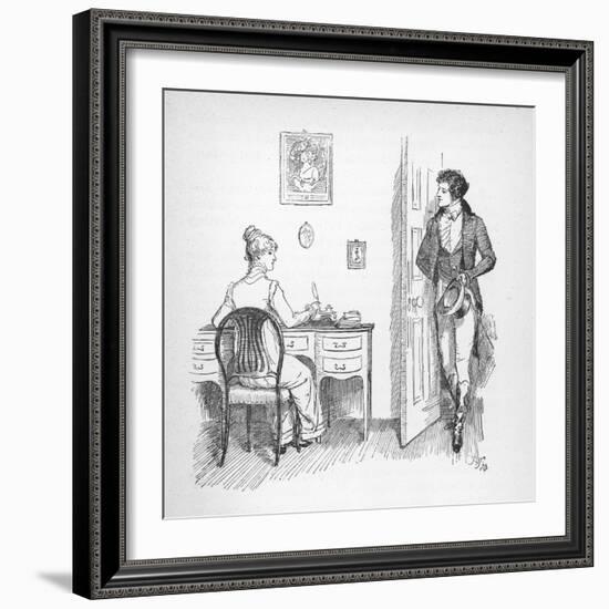 Mr. Darcy Enters a Room in Which Elizabeth Bennet is Seated at Her Writing Desk-Hugh Thomson-Framed Photographic Print