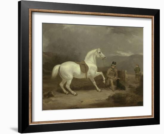 Mr. Johnstone King's Grey Shooting Pony Waiting with a Groom on a Scottish Moor, 1835-Thomas Woodward-Framed Giclee Print