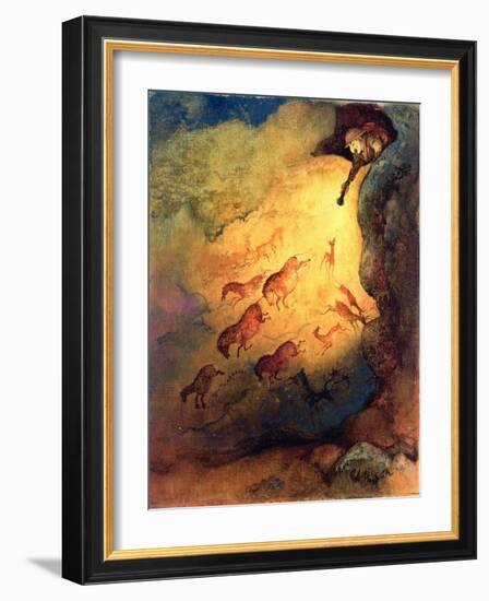 Mr Punch, Cave Explorer Giving Animals in Lascaux a Fright, Unpublished Commission by 'Punch', 1968-George Adamson-Framed Giclee Print