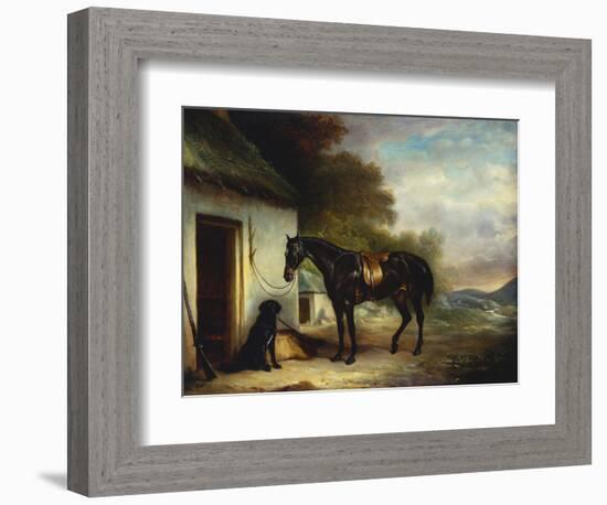 Mr Stuart's Favourite Hunter, Vagabond and His Flatcoated Retriever, Nell by a Cottage Door-John Ferneley, Sr-Framed Giclee Print