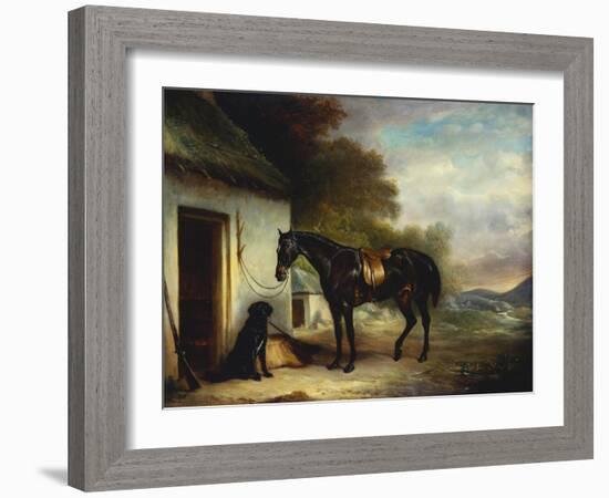 Mr Stuart's Favourite Hunter, Vagabond and His Flatcoated Retriever, Nell by a Cottage Door-John Ferneley, Sr-Framed Giclee Print