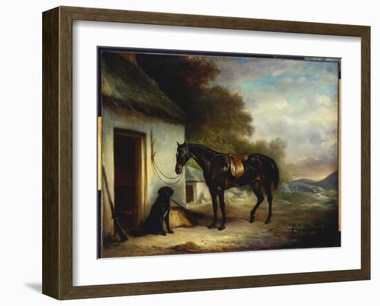 Mr. Stuart's Favourite Hunter, Vagabond' and His Flatcoated Retriever, Nell, by a Cottage Door-John E. Ferneley-Framed Giclee Print