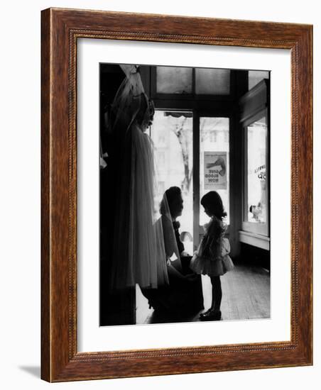Mrs. Boone Bartlett Squatting Down to Consult with Her 3 Year Old Daughter Dorothy Kay-Yale Joel-Framed Photographic Print