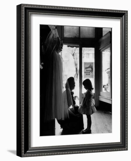 Mrs. Boone Bartlett Squatting Down to Consult with Her 3 Year Old Daughter Dorothy Kay-Yale Joel-Framed Photographic Print