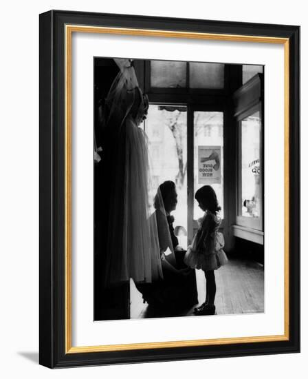 Mrs. Boone Bartlett Squatting Down to Consult with Her 3 Year Old Daughter Dorothy Kay-Yale Joel-Framed Photographic Print