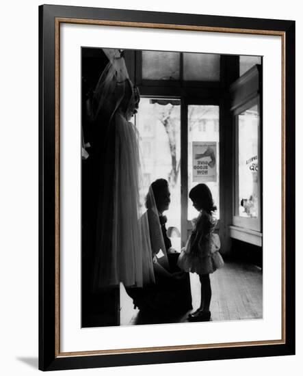 Mrs. Boone Bartlett Squatting Down to Consult with Her 3 Year Old Daughter Dorothy Kay-Yale Joel-Framed Photographic Print