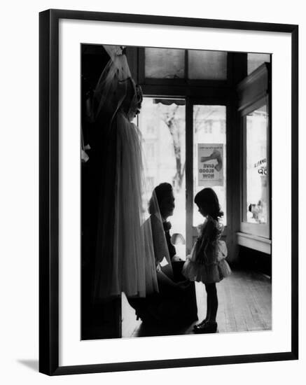 Mrs. Boone Bartlett Squatting Down to Consult with Her 3 Year Old Daughter Dorothy Kay-Yale Joel-Framed Photographic Print