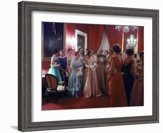 Mrs. Earl Warren Listening to 1st Lady Mamie Eisenhower Entertaining Guests at a State Dinner-Ed Clark-Framed Premium Photographic Print