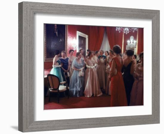Mrs. Earl Warren Listening to 1st Lady Mamie Eisenhower Entertaining Guests at a State Dinner-Ed Clark-Framed Premium Photographic Print