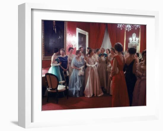 Mrs. Earl Warren Listening to 1st Lady Mamie Eisenhower Entertaining Guests at a State Dinner-Ed Clark-Framed Premium Photographic Print