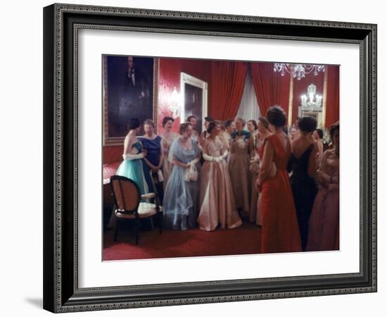 Mrs. Earl Warren Listening to 1st Lady Mamie Eisenhower Entertaining Guests at a State Dinner-Ed Clark-Framed Premium Photographic Print