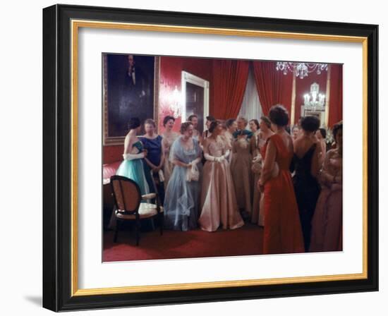 Mrs. Earl Warren Listening to 1st Lady Mamie Eisenhower Entertaining Guests at a State Dinner-Ed Clark-Framed Premium Photographic Print