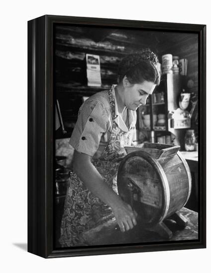 Mrs. Edison Risser Using Hand Operated Butter Making Machine-George Silk-Framed Premier Image Canvas