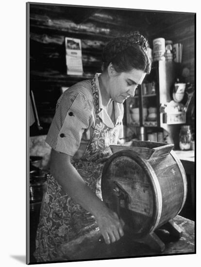 Mrs. Edison Risser Using Hand Operated Butter Making Machine-George Silk-Mounted Photographic Print