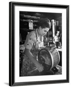 Mrs. Edison Risser Using Hand Operated Butter Making Machine-George Silk-Framed Photographic Print