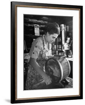 Mrs. Edison Risser Using Hand Operated Butter Making Machine-George Silk-Framed Photographic Print