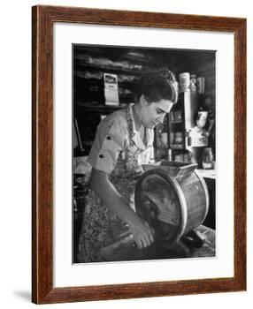 Mrs. Edison Risser Using Hand Operated Butter Making Machine-George Silk-Framed Photographic Print