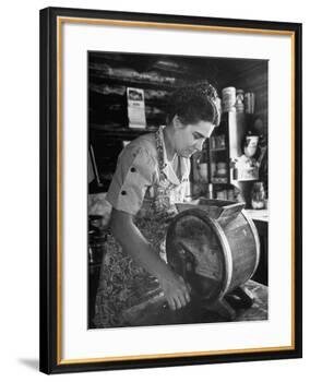 Mrs. Edison Risser Using Hand Operated Butter Making Machine-George Silk-Framed Photographic Print
