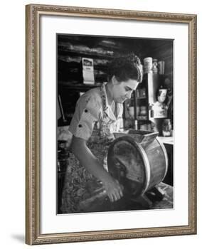 Mrs. Edison Risser Using Hand Operated Butter Making Machine-George Silk-Framed Photographic Print