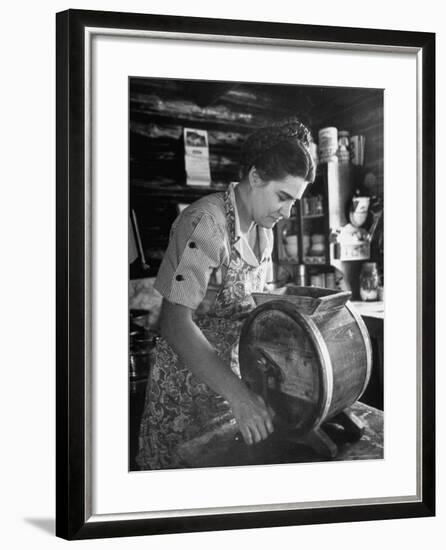 Mrs. Edison Risser Using Hand Operated Butter Making Machine-George Silk-Framed Photographic Print