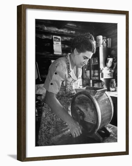 Mrs. Edison Risser Using Hand Operated Butter Making Machine-George Silk-Framed Photographic Print