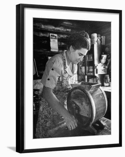 Mrs. Edison Risser Using Hand Operated Butter Making Machine-George Silk-Framed Photographic Print
