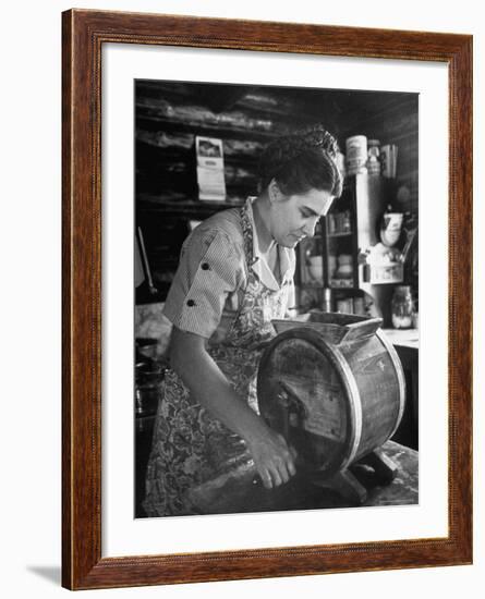 Mrs. Edison Risser Using Hand Operated Butter Making Machine-George Silk-Framed Photographic Print